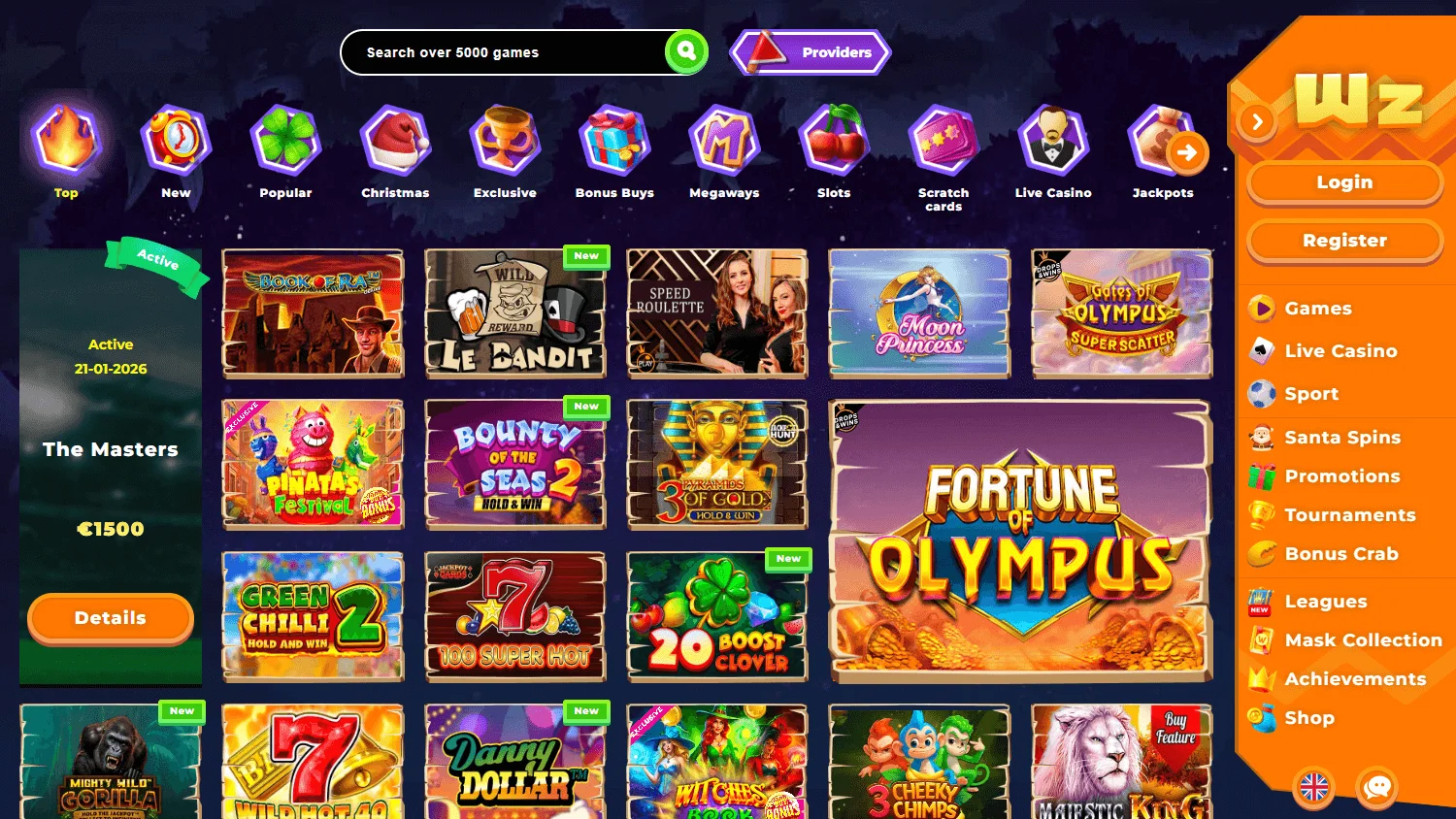 Wazamba Casino games interface on desktop
