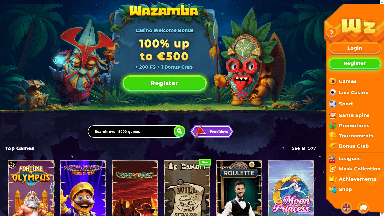 Wazamba Casino home interface on desktop