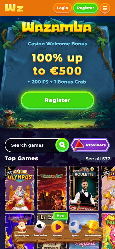 Wazamba Casino home interface on a mobile device