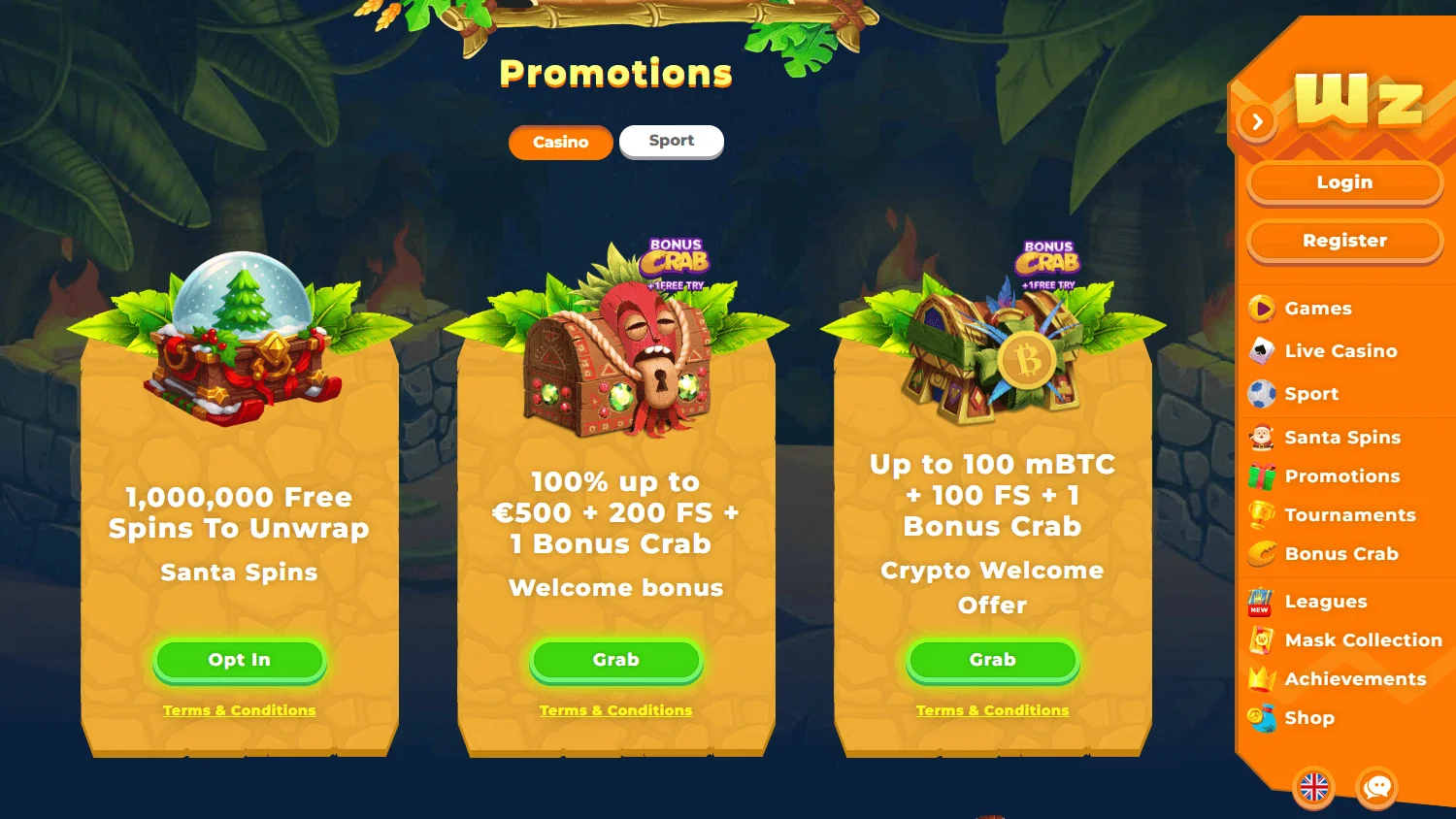 Wazamba Casino promotions interface on desktop